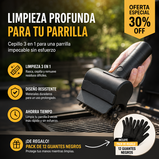 Cepillo 3 en 1 para Parrilla | Limpieza Profunda, Rápida y Sin Esfuerzo