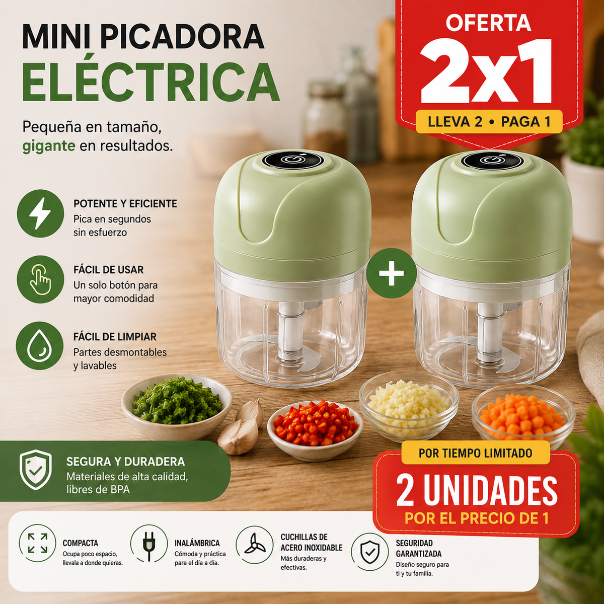 Mini Picadora Eléctrica 2x1 | Ahorra Tiempo en la Cocina