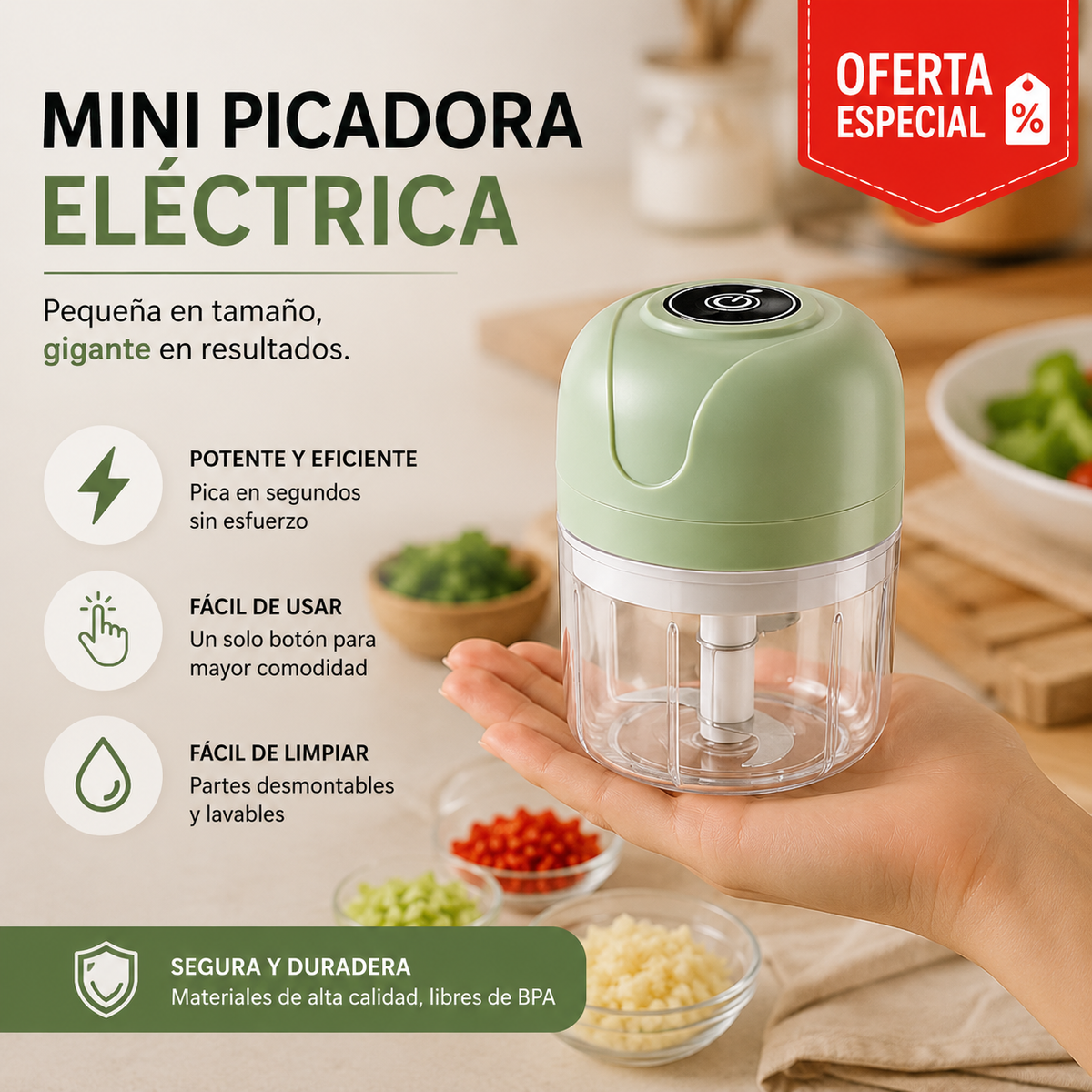 Picadora Eléctrica Inalámbrica 4 en 1 | Pica en Segundos Sin Esfuerzo